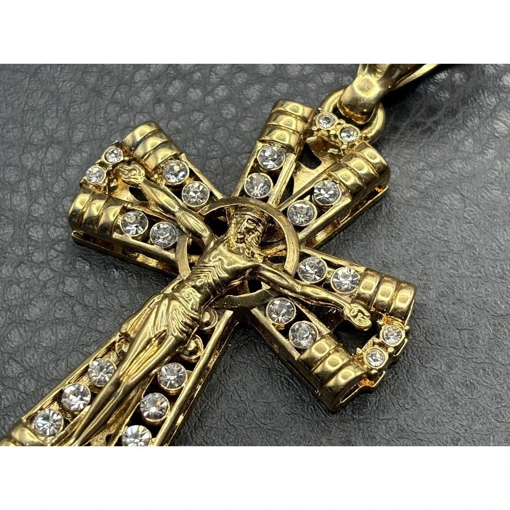 HUGE Gold Tone Crucifix Cross Pendant Jesus Clear Rhinestone Religious Jewelry